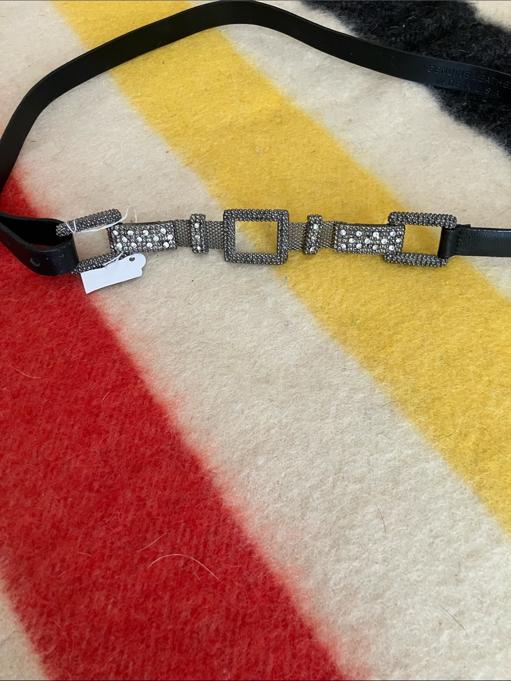 Black Leather Women's Belt with Rhinestone Square Hardware